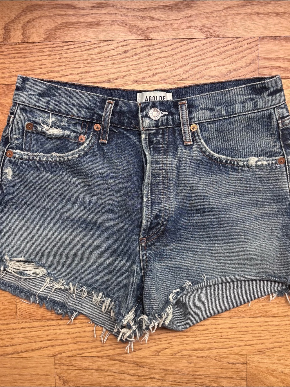 AGOLDE Parker Dark Swapmeet Distressed Denim Shorts